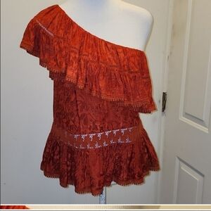 Tryb One shoulder, beautiful ruffle blouse, peasant Applique embroidery Lace